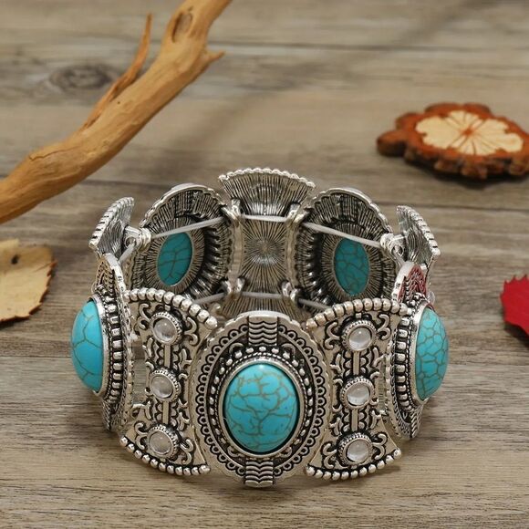 Turquoise and Silver Elastic Bracelet Vintage An Antique Silvery Bangle Bracelet - Picture 4 of 5
